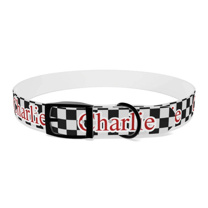 Front of Personalized checkered pet collar with custom text like a name. Available in different checkered colors for dogs or cats-ARTFULANE