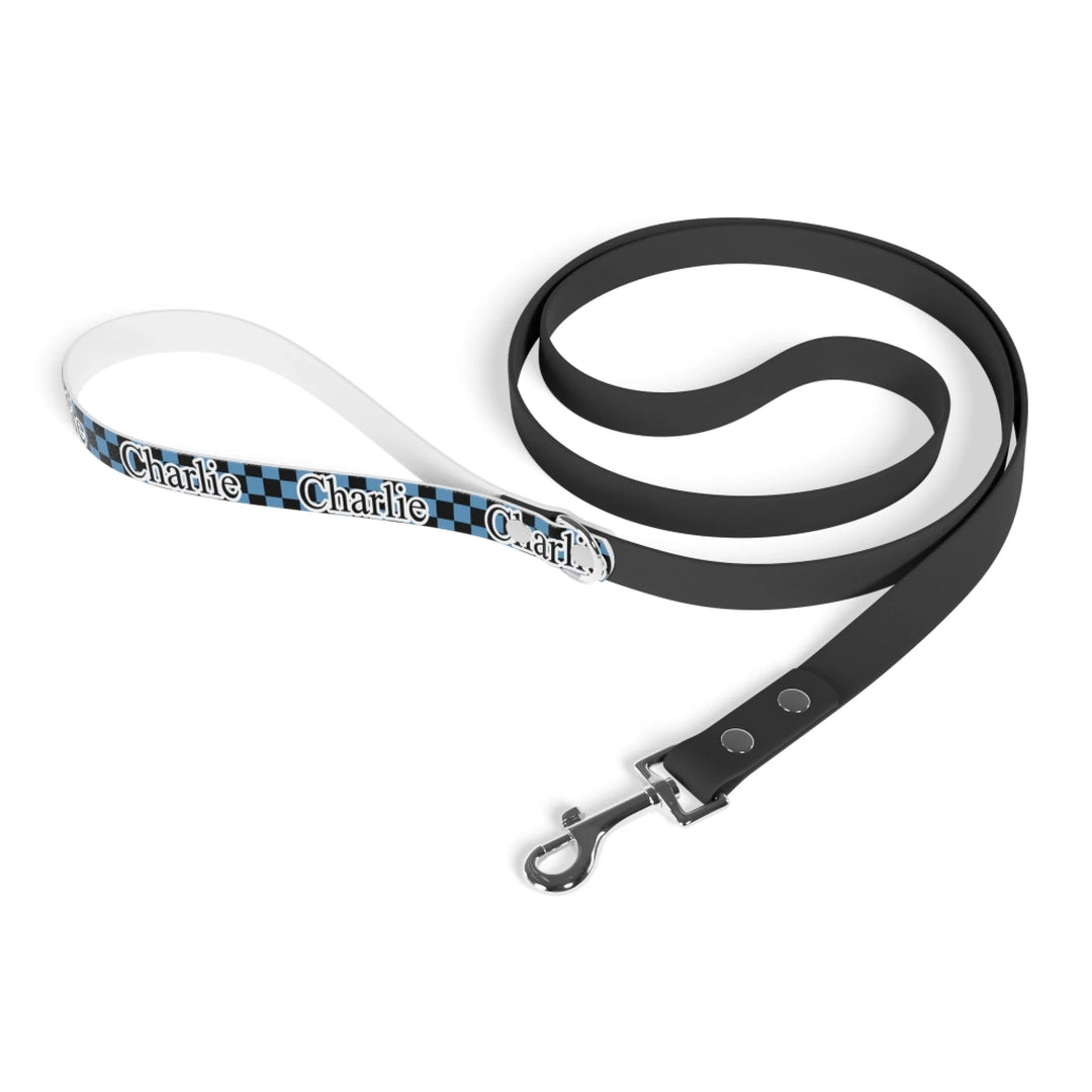 Folded Personalized checkered pet leash with custom text like a name. Available in different checkered colors for dogs or cats-ARTFULANE