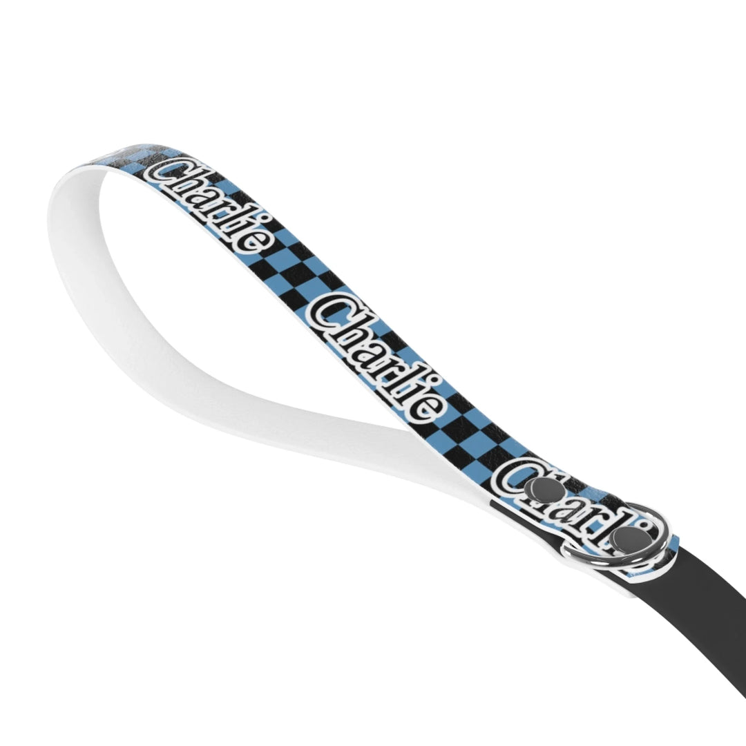 Front of Personalized checkered pet leash with custom text like a name. Available in different checkered colors for dogs or cats-ARTFULANE