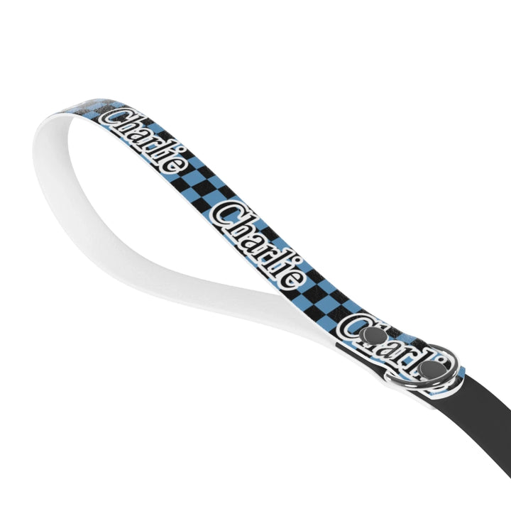 Front of Personalized checkered pet leash with custom text like a name. Available in different checkered colors for dogs or cats-ARTFULANE
