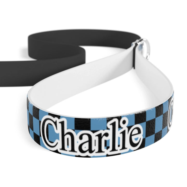 Closeup of Personalized checkered pet leash with custom text like a name. Available in different checkered colors for dogs or cats-ARTFULANE