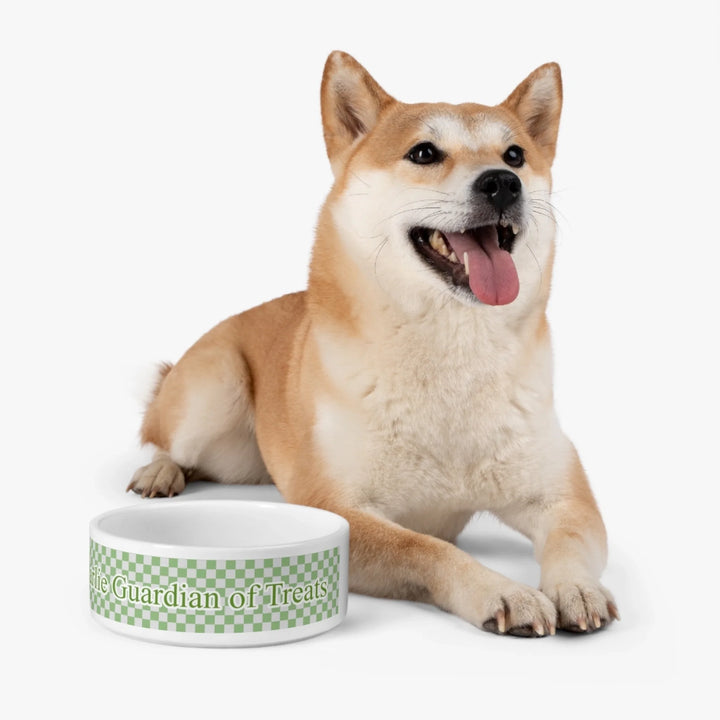 Dog beside Personalized checkered pet ceramic bowl with custom text like a name. Available in different checkered colors for dogs or cats-ARTFULANE