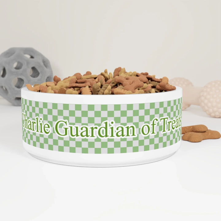 Personalized checkered pet ceramic bowl with custom text like a name. Available in different checkered colors for dogs or cats-ARTFULANE