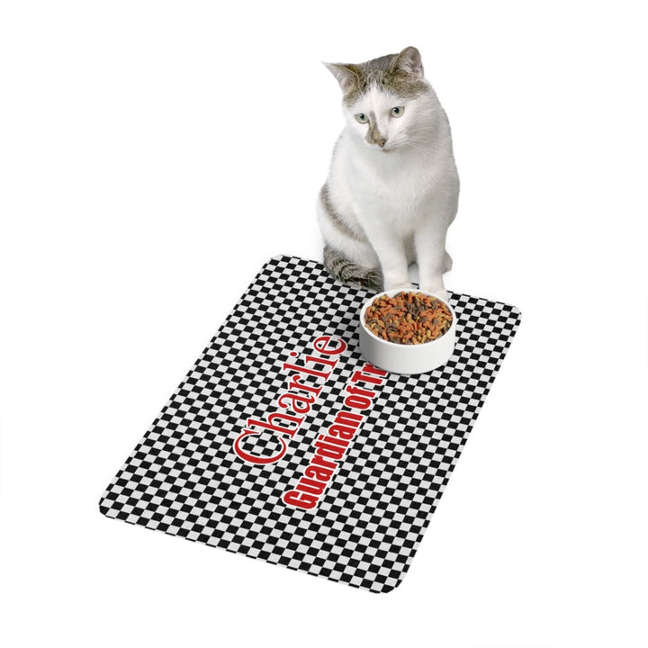 Cat using Personalized checkered pet feeding mat with custom text like a name. Available in different checkered colors for dogs or cats-ARTFULANE