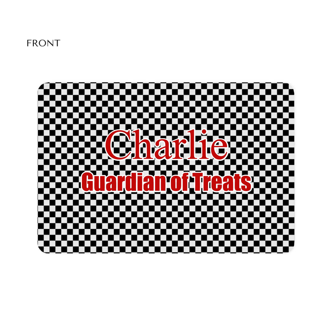 Personalized checkered pet feeding mat with custom text like a name. Available in different checkered colors for dogs or cats-ARTFULANE