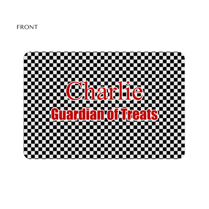 Personalized checkered pet feeding mat with custom text like a name. Available in different checkered colors for dogs or cats-ARTFULANE