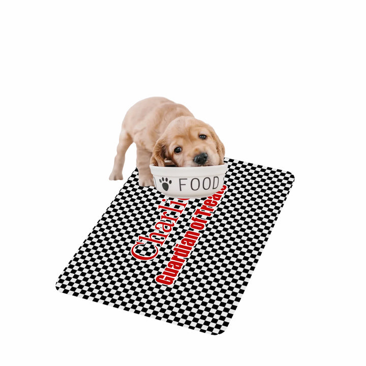 Dog using Personalized checkered pet feeding mat with custom text like a name. Available in different checkered colors for dogs or cats-ARTFULANE