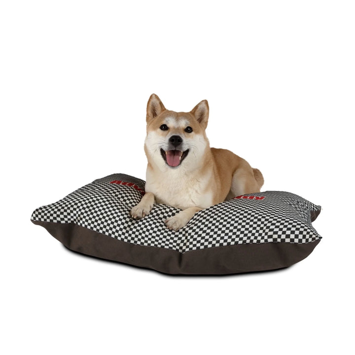 Dog sitting on Personalized checkered pet bed with custom text like a name. Available in different checkered colors for dogs or cats-ARTFULANE