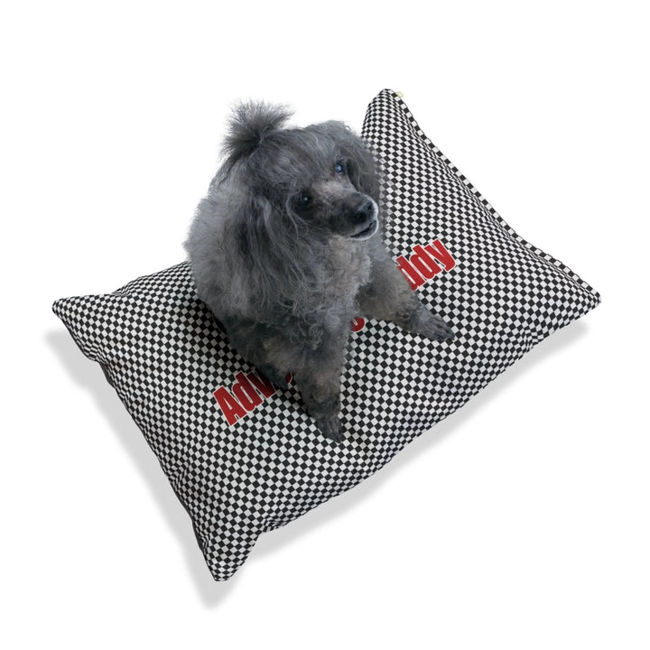 Dog on Personalized checkered pet bed with custom text like a name. Available in different checkered colors for dogs or cats-ARTFULANE