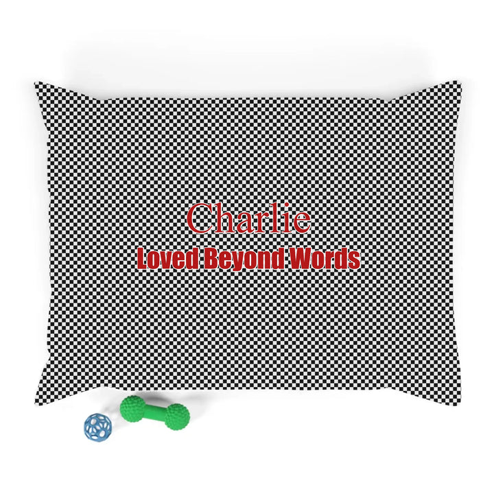 Personalized checkered pet bed with custom text like a name. Available in different checkered colors for dogs or cats-ARTFULANE