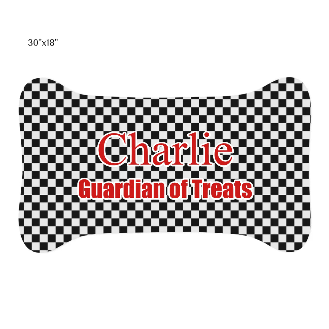 Personalized checkered pet shaped feeding mat with custom text like a name. Available in different checkered colors for dogs or cats-ARTFULANE