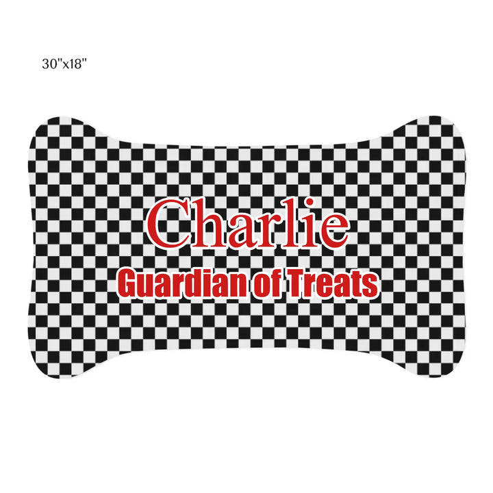 Personalized checkered pet shaped feeding mat with custom text like a name. Available in different checkered colors for dogs or cats-ARTFULANE