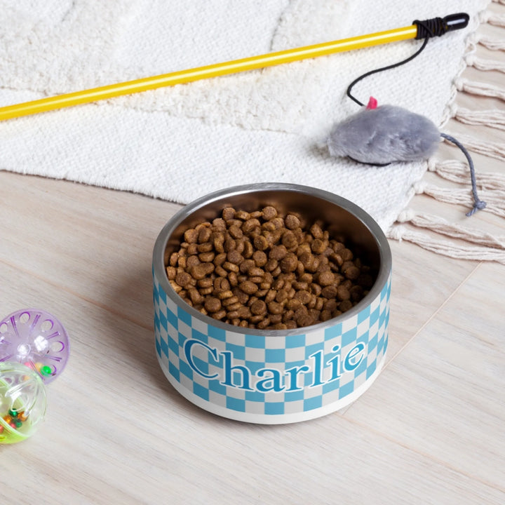 Personalized checkered pet stainless steel bowl with custom text like a name. Available in different checkered colors for dogs or cats-ARTFULANE