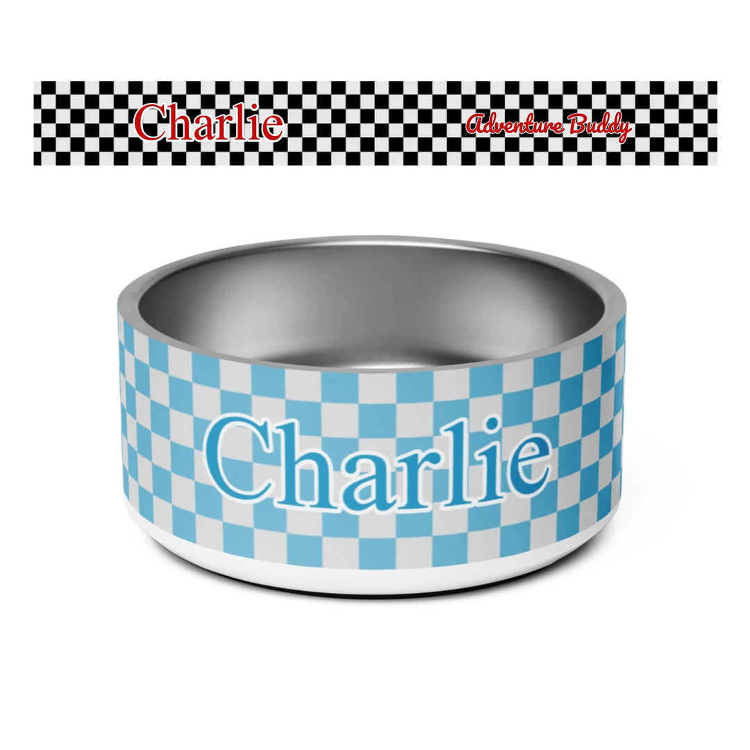 Personalized checkered pet stainless steel bowl with custom text like a name. Available in different checkered colors for dogs or cats-ARTFULANE