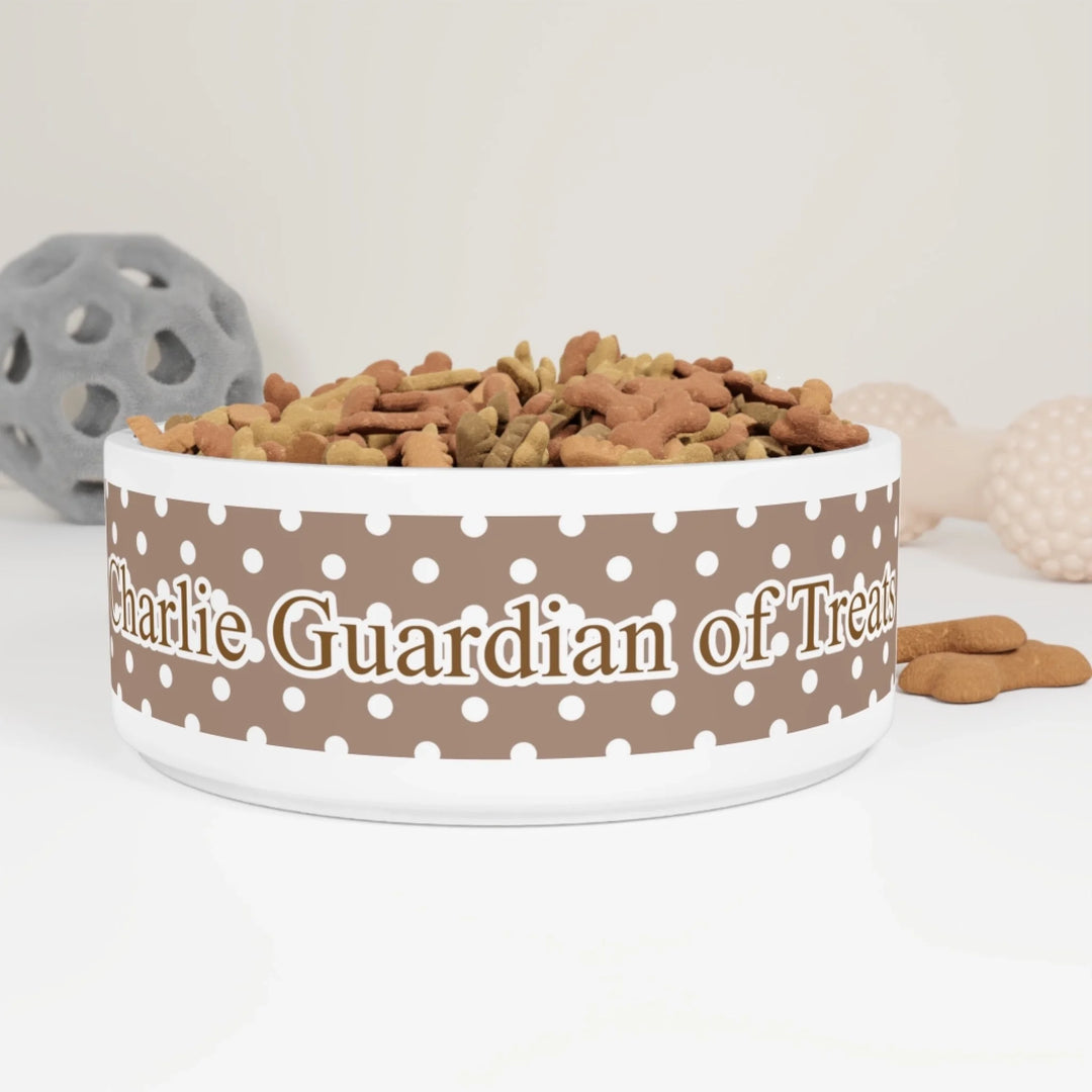 Personalized polka dots pet ceramic bowl with custom text like a name. Available in different polka dot pattern colors for dogs or cats-ARTFULANE