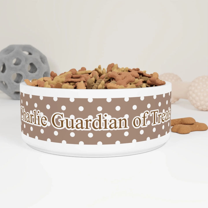 Personalized polka dots pet ceramic bowl with custom text like a name. Available in different polka dot pattern colors for dogs or cats-ARTFULANE