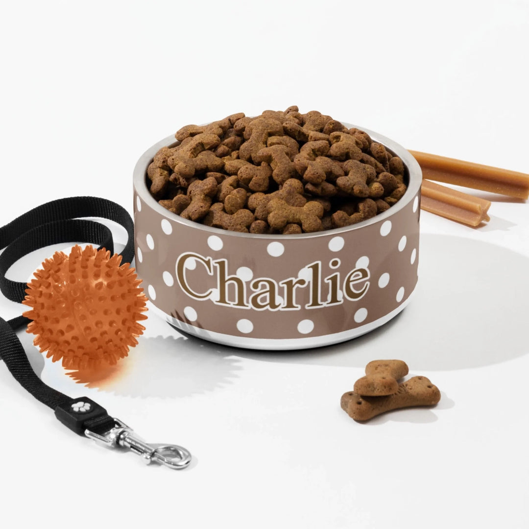 Personalized polka dots pet stainless steel bowl with custom text like a name. Available in different polka dot pattern colors for dogs or cats-ARTFULANE