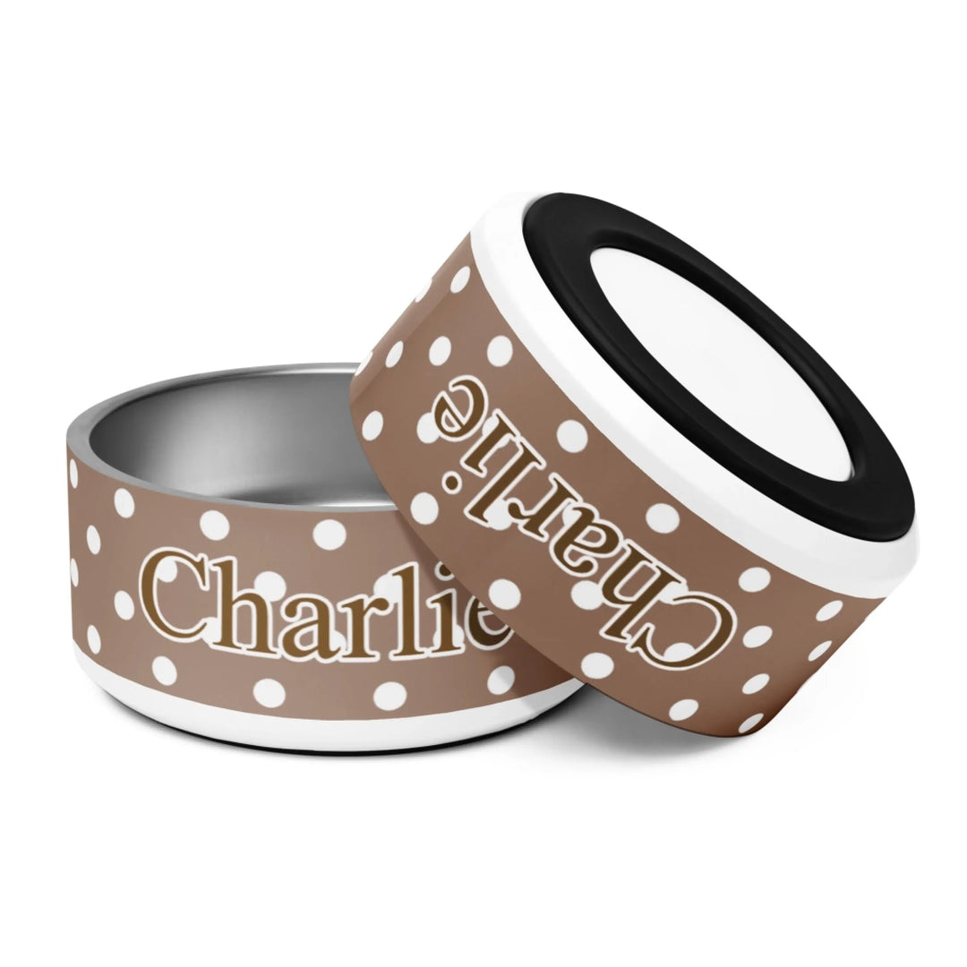 Personalized polka dots pet stainless steel bowl with custom text like a name. Available in different polka dot pattern colors for dogs or cats-ARTFULANE