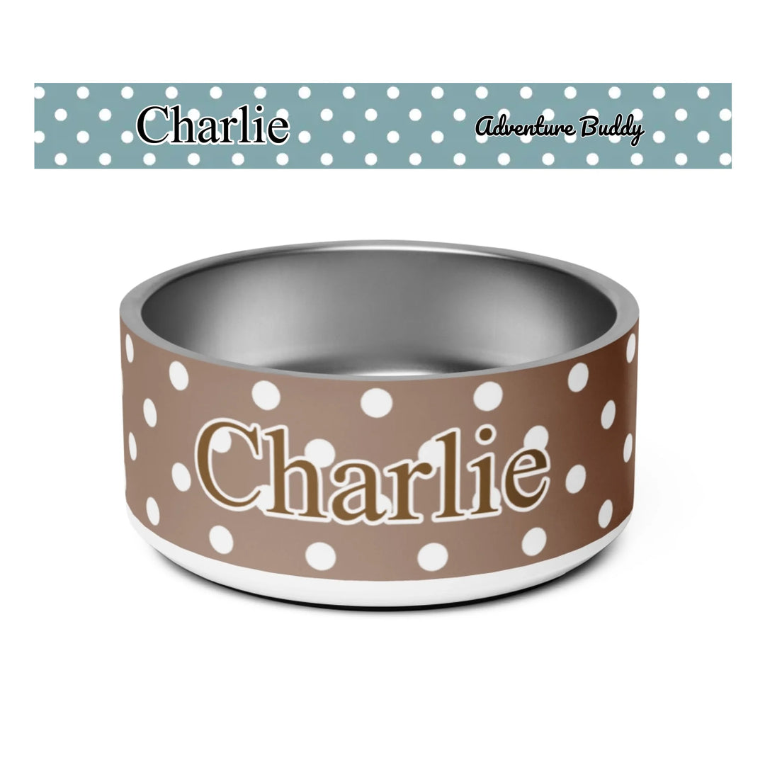 Personalized polka dots pet stainless steel bowl with custom text like a name. Available in different polka dot pattern colors for dogs or cats-ARTFULANE