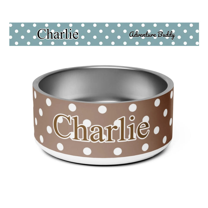 Personalized polka dots pet stainless steel bowl with custom text like a name. Available in different polka dot pattern colors for dogs or cats-ARTFULANE