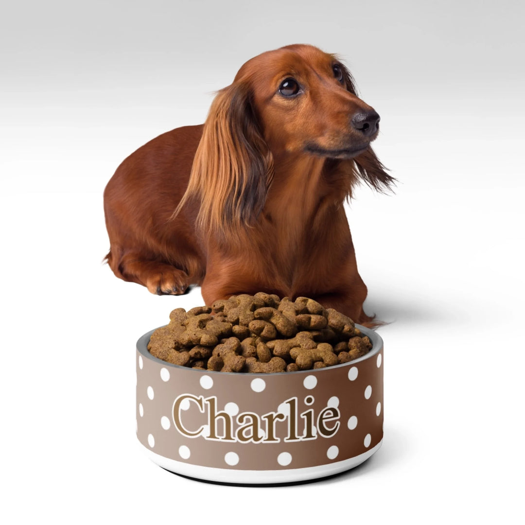 Dog using Personalized polka dots pet stainless steel bowl with custom text like a name. Available in different polka dot pattern colors for dogs or cats-ARTFULANE