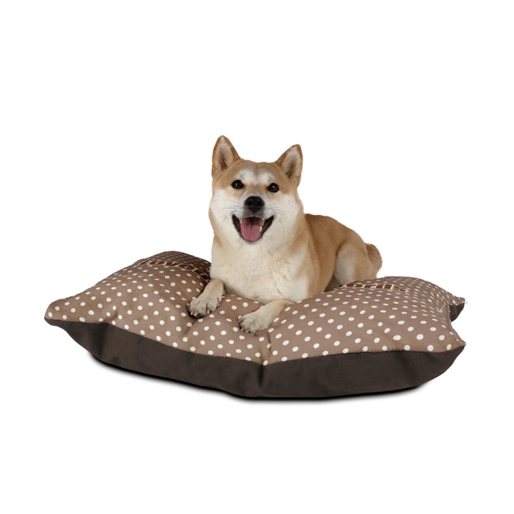 Dog sitting on Personalized polka dots pet bed with custom text like a name. Available in different polka dot pattern colors for dogs or cats-ARTFULANE