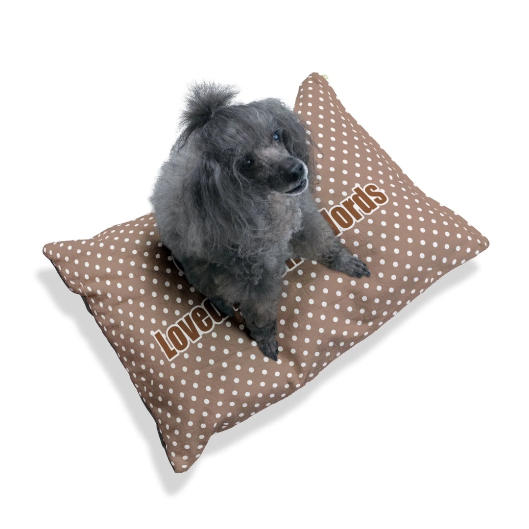 Dog relaxing on Personalized polka dots pet bed with custom text like a name. Available in different polka dot pattern colors for dogs or cats-ARTFULANE