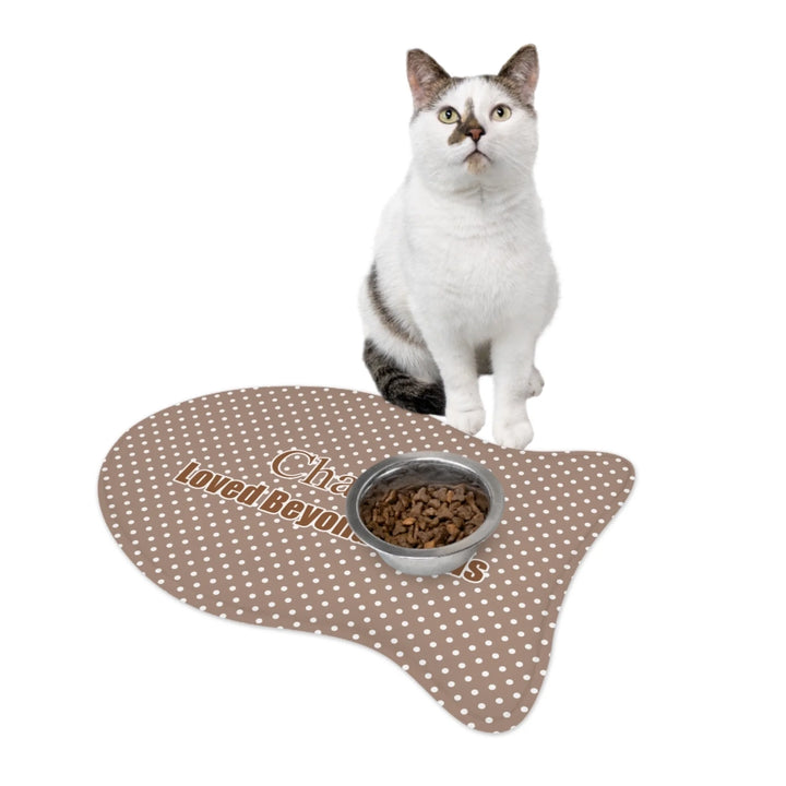 Cat using Personalized polka dots pet bone-shaped feeding mat with custom text like a name. Available in different polka dot pattern colors for dogs or cats-ARTFULANE