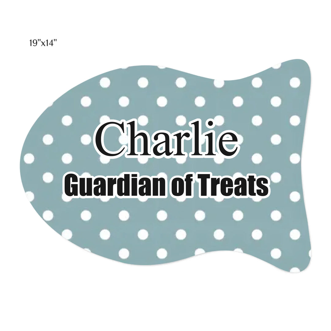 Personalized polka dots pet bone-shaped feeding mat with custom text like a name. Available in different polka dot pattern colors for dogs or cats-ARTFULANE