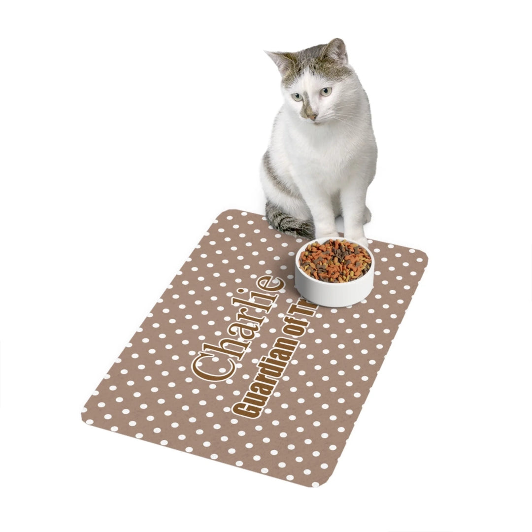 Cat using Personalized polka dots pet feeding mat with custom text like a name. Available in different polka dot pattern colors for dogs or cats-ARTFULANE