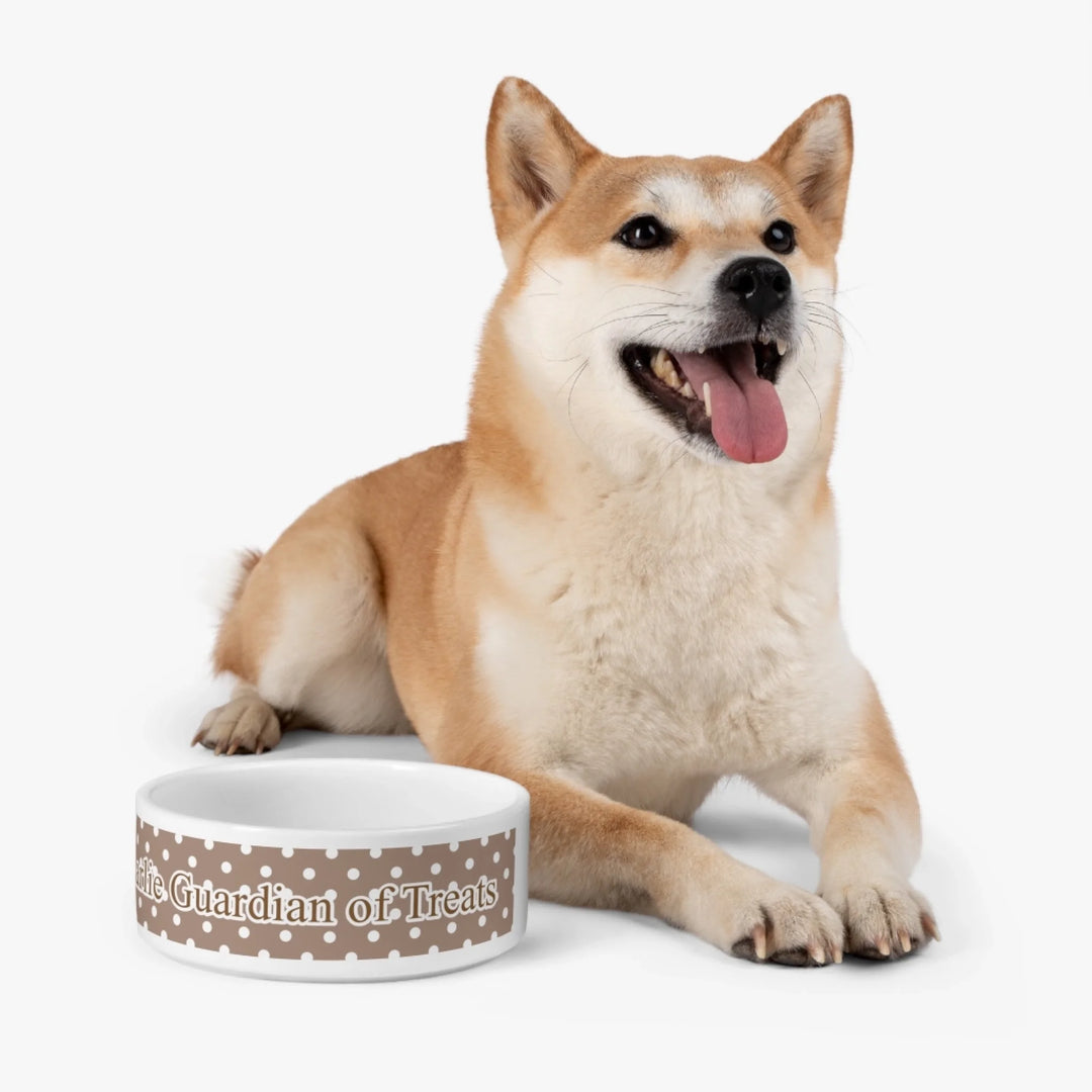 Dog using Personalized polka dots pet ceramic bowl with custom text like a name. Available in different polka dot pattern colors for dogs or cats-ARTFULANE