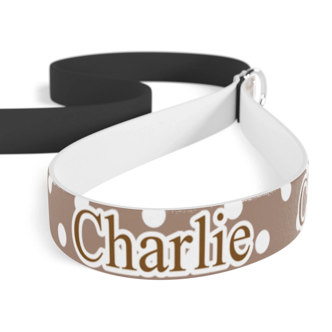 Closeup of Personalized polka dots pet leash with custom text like a name. Available in different polka dot pattern colors for dogs or cats-ARTFULANE