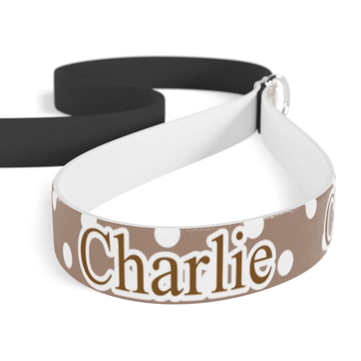 Closeup of Personalized polka dots pet leash with custom text like a name. Available in different polka dot pattern colors for dogs or cats-ARTFULANE