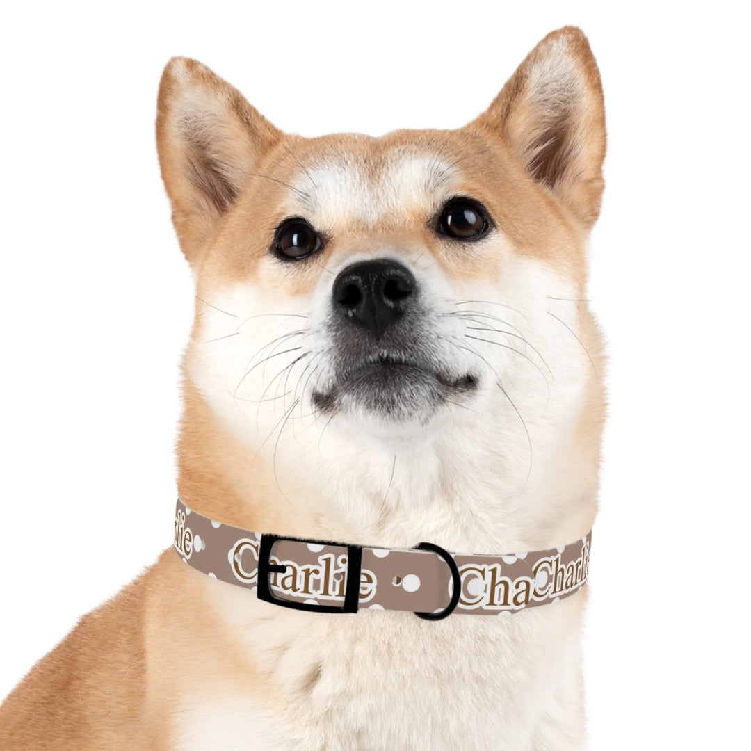 Dog wearing Personalized polka dots pet collar with custom text like a name. Available in different polka dot pattern colors for dogs or cats-ARTFULANE