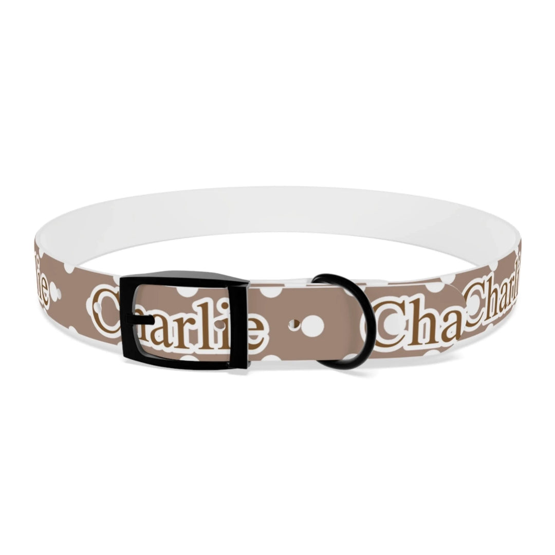 Front of Personalized polka dots pet collar with custom text like a name. Available in different polka dot pattern colors for dogs or cats-ARTFULANE