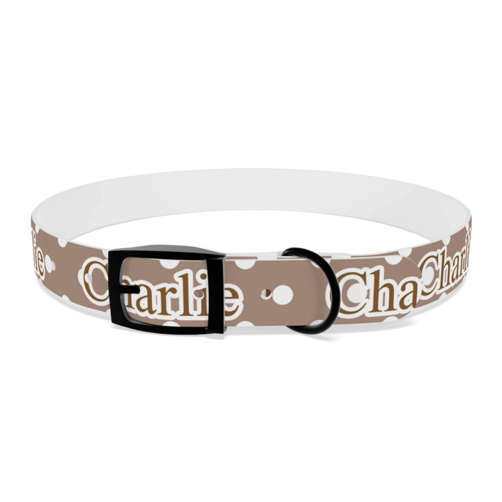 Front of Personalized polka dots pet collar with custom text like a name. Available in different polka dot pattern colors for dogs or cats-ARTFULANE
