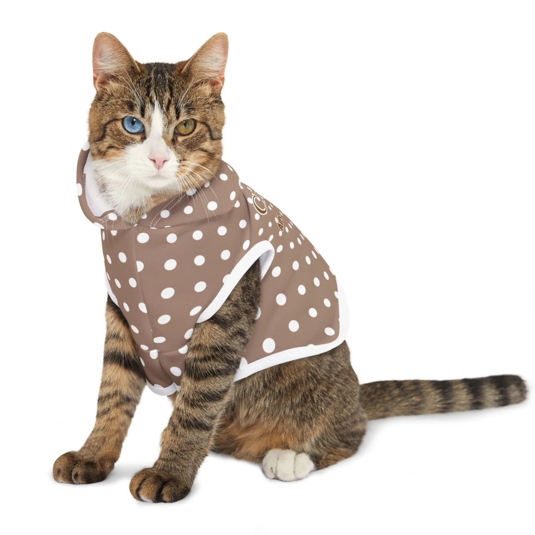 Cat wearing Personalized polka dots pet hoodie with custom text like a name. Available in different polka dot pattern colors for dogs or cats-ARTFULANE