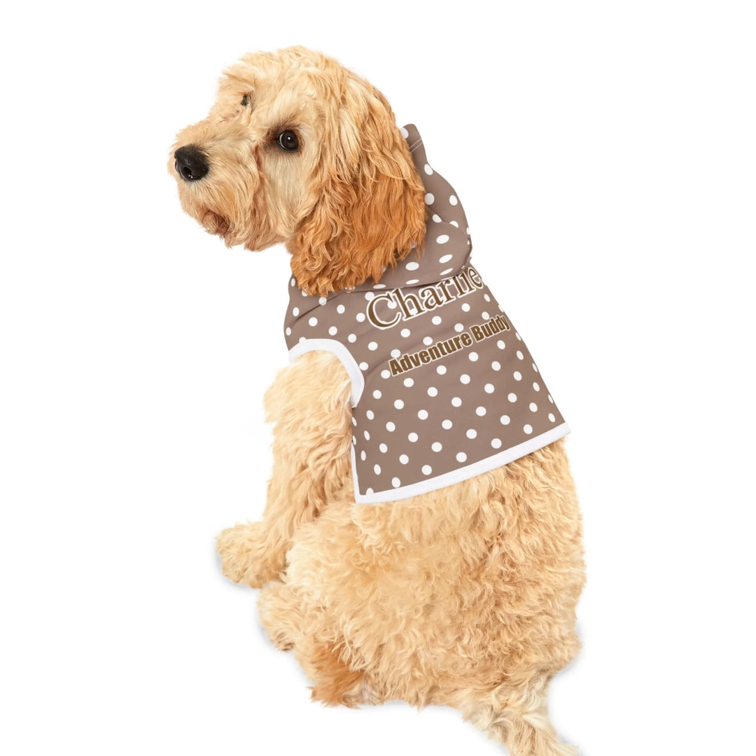 Dog wearing Personalized polka dots pet hoodie with custom text like a name. Available in different polka dot pattern colors for dogs or cats-ARTFULANE