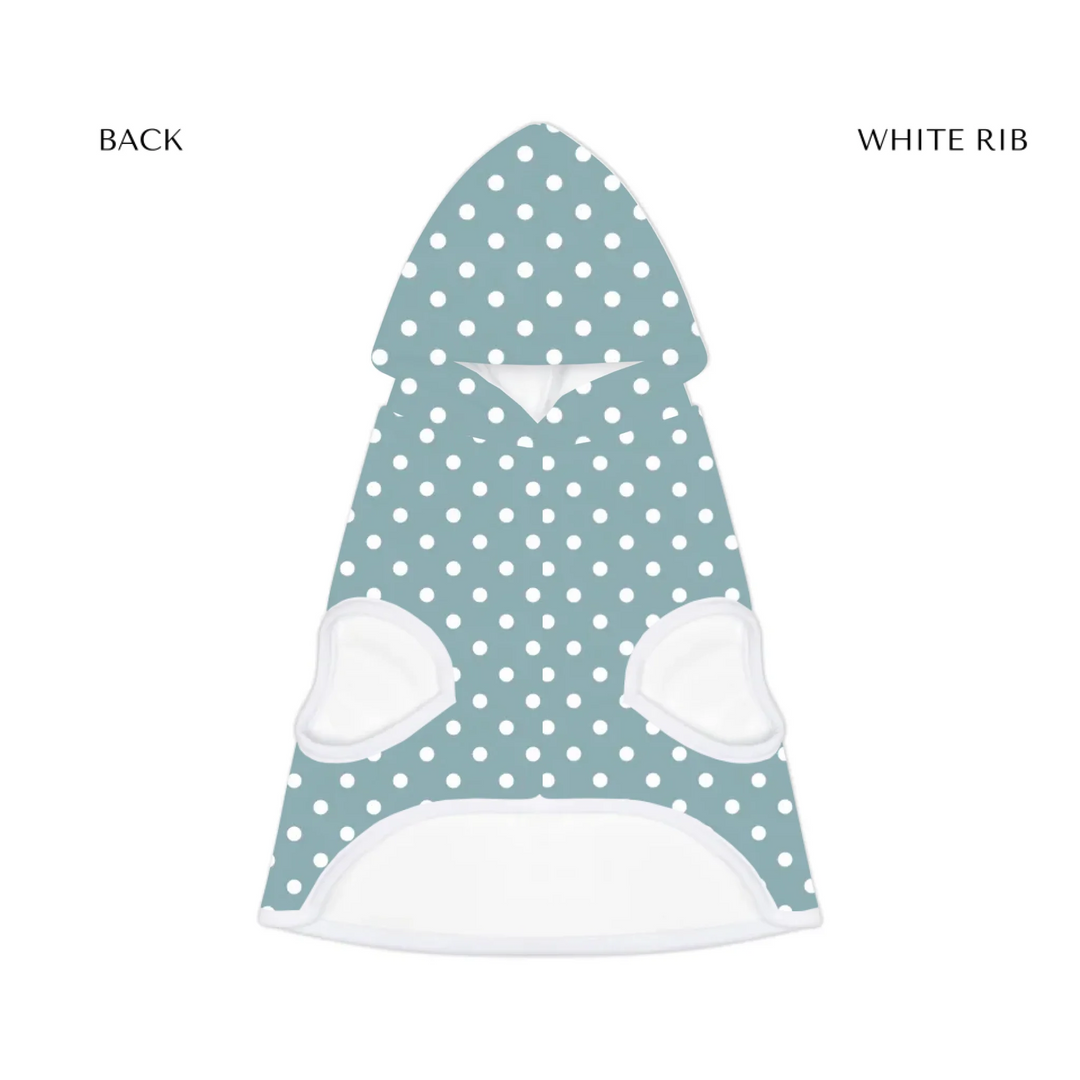 pet hoodie white rib front- Personalized polka dots pet hoodie with custom text like a name. Available in different polka dot pattern colors for dogs or cats-ARTFULANE