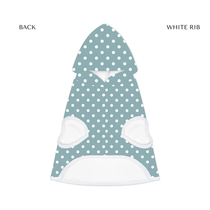 pet hoodie white rib front- Personalized polka dots pet hoodie with custom text like a name. Available in different polka dot pattern colors for dogs or cats-ARTFULANE
