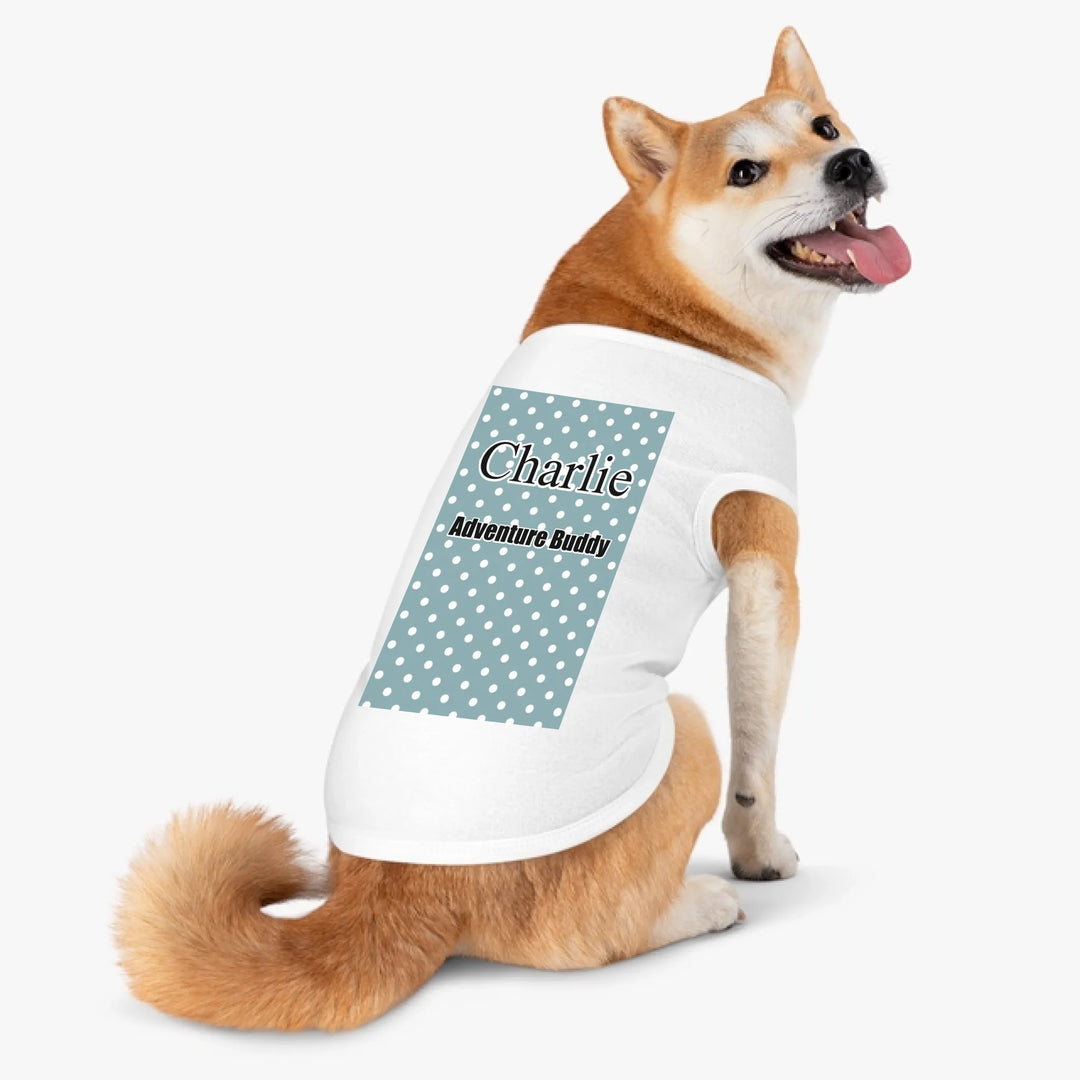 Dog wearing Personalized polka dots pet tank top with custom text like a name. Available in different polka dot pattern colors for dogs or cats-ARTFULANE