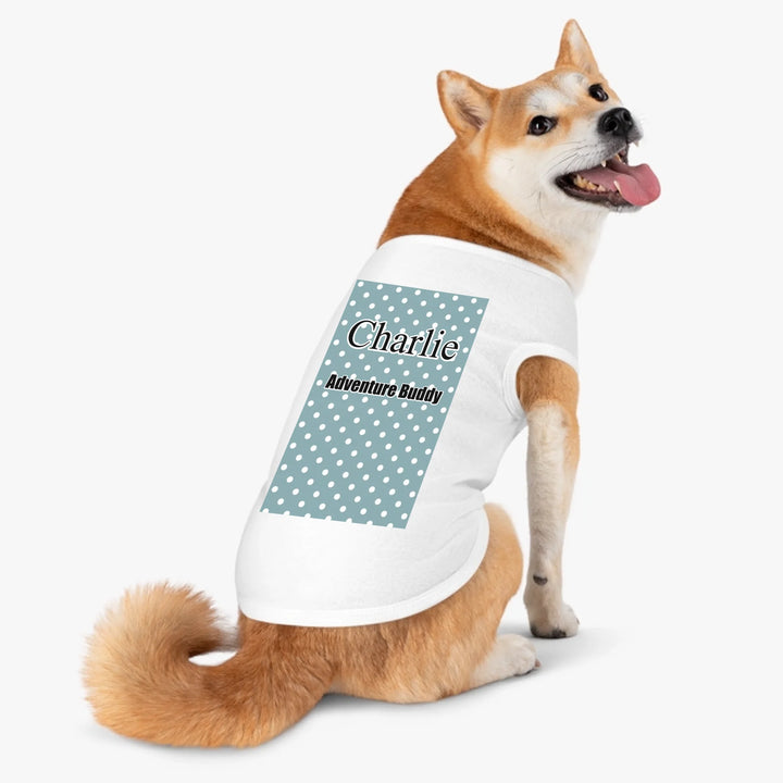 Dog wearing Personalized polka dots pet tank top with custom text like a name. Available in different polka dot pattern colors for dogs or cats-ARTFULANE