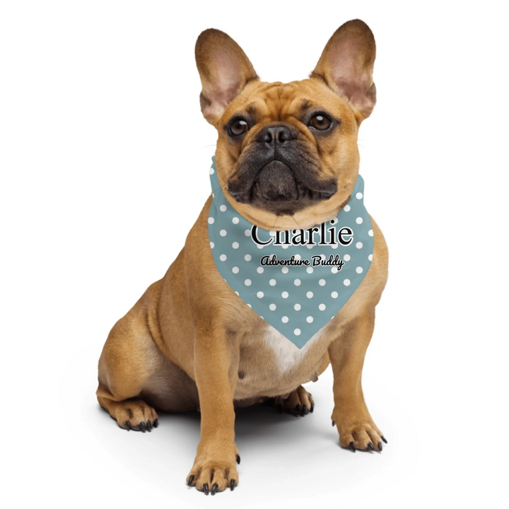 Dog wearing Personalized polka dots pet bandana with custom text like a name. Available in different polka dot pattern colors for dogs or cats-ARTFULANE