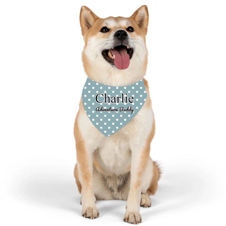 Dog wearing Personalized polka dots pet bandana collar with custom text like a name. Available in different polka dot pattern colors for dogs or cats-ARTFULANE
