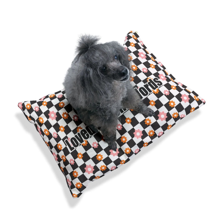Dog relaxing on Personalized Retro Groovy pet bed with custom text like a name. Available in different retro groovy pattern colors for dogs or cats-ARTFULANE