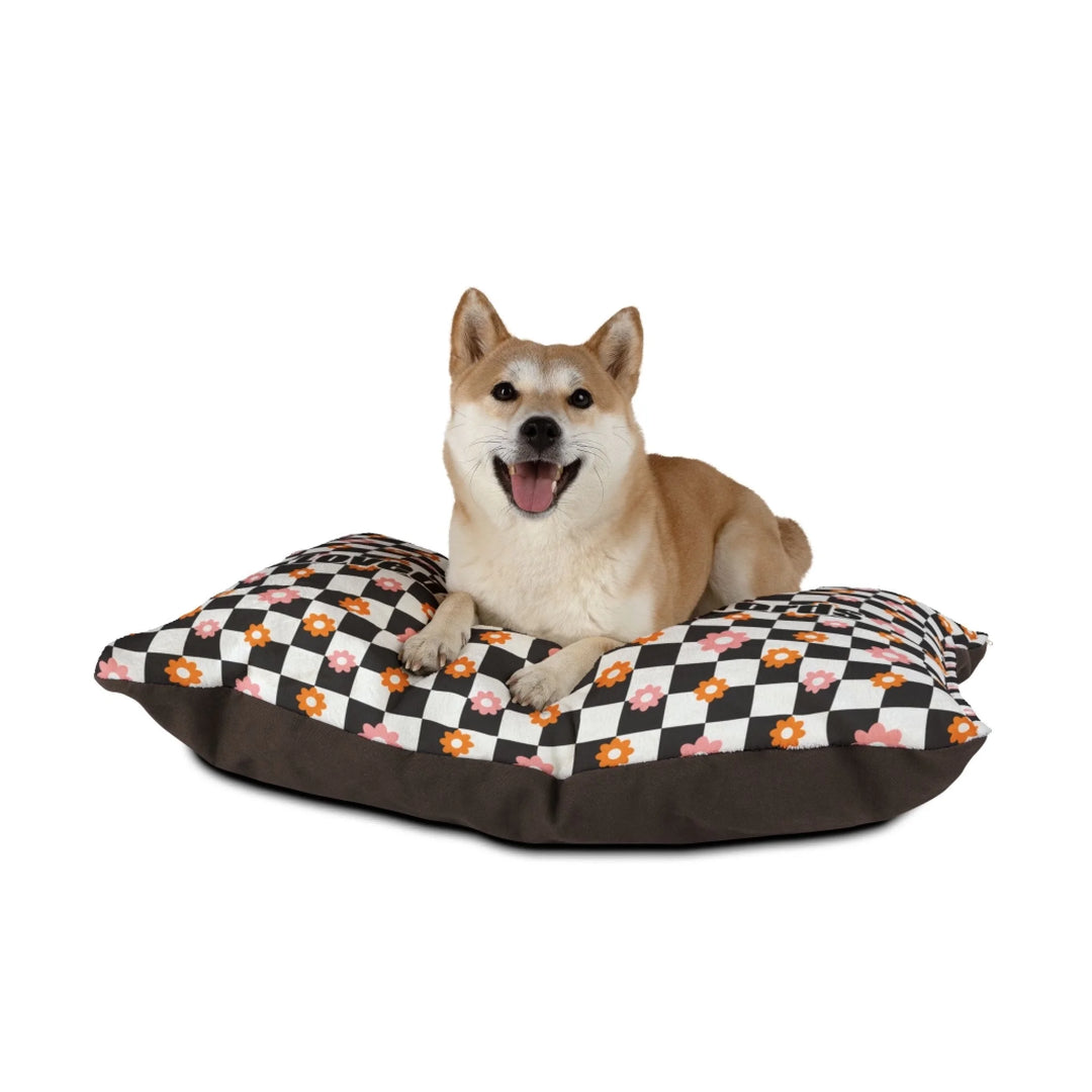 Dog sitting on Personalized Retro Groovy pet bed with custom text like a name. Available in different retro groovy pattern colors for dogs or cats-ARTFULANE