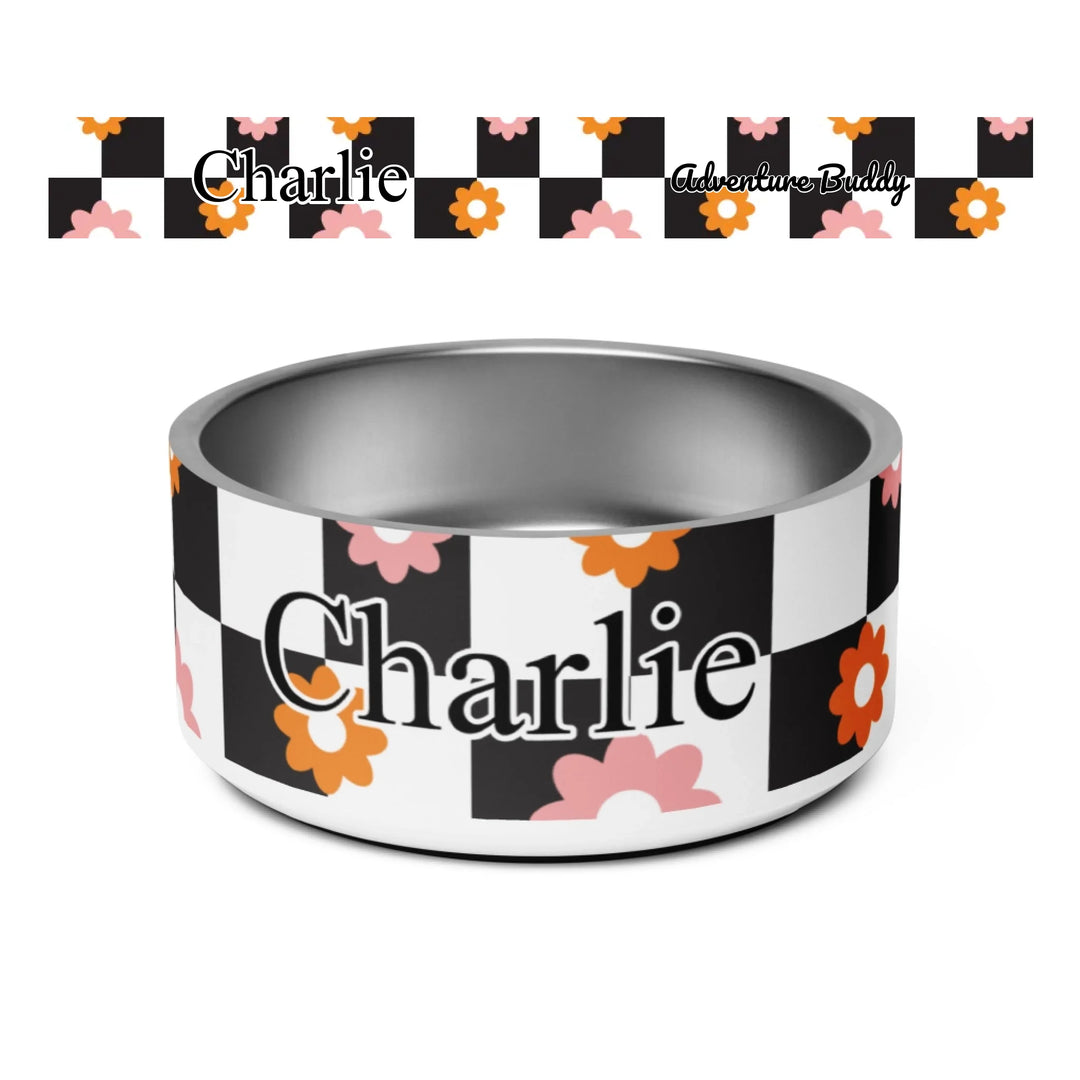 Personalized Retro Groovy pet stainless steel bowl with custom text like a name. Available in different retro groovy pattern colors for dogs or cats-ARTFULANE