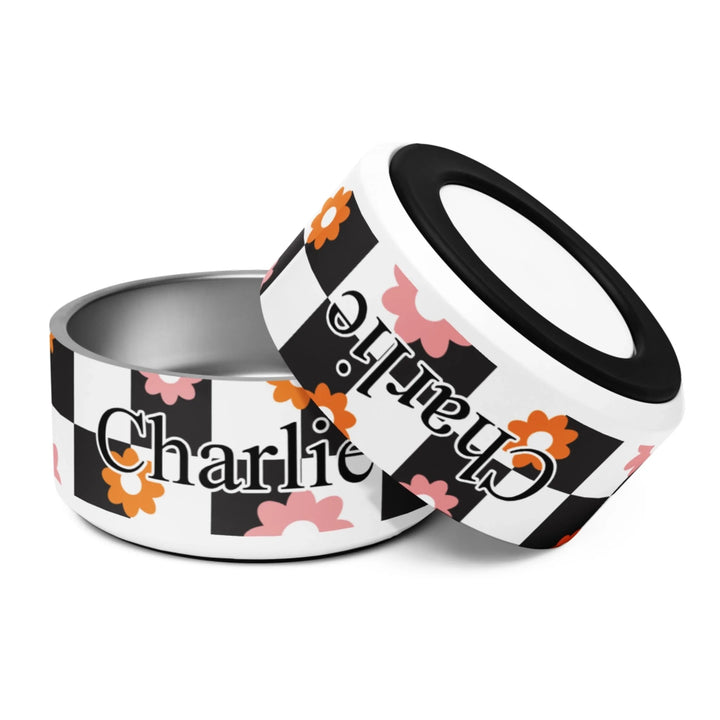 Personalized Retro Groovy pet stainless steel bowl with custom text like a name. Available in different retro groovy pattern colors for dogs or cats-ARTFULANE