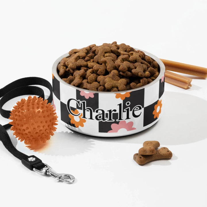 Personalized Retro Groovy pet stainless steel bowl with custom text like a name. Available in different retro groovy pattern colors for dogs or cats-ARTFULANE