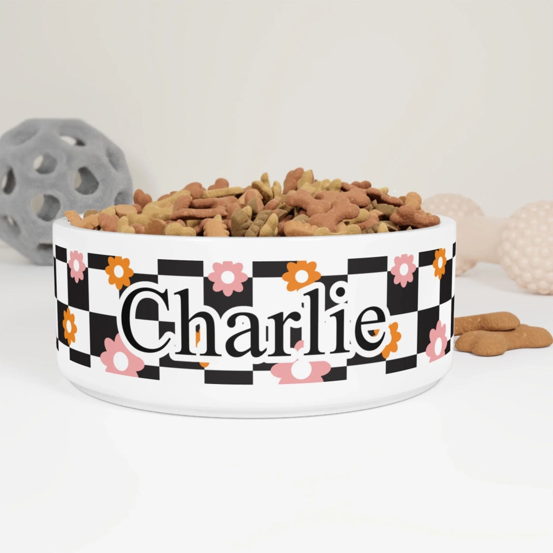Personalized Retro Groovy pet ceramic bowl with custom text like a name. Available in different retro groovy pattern colors for dogs or cats-ARTFULANE